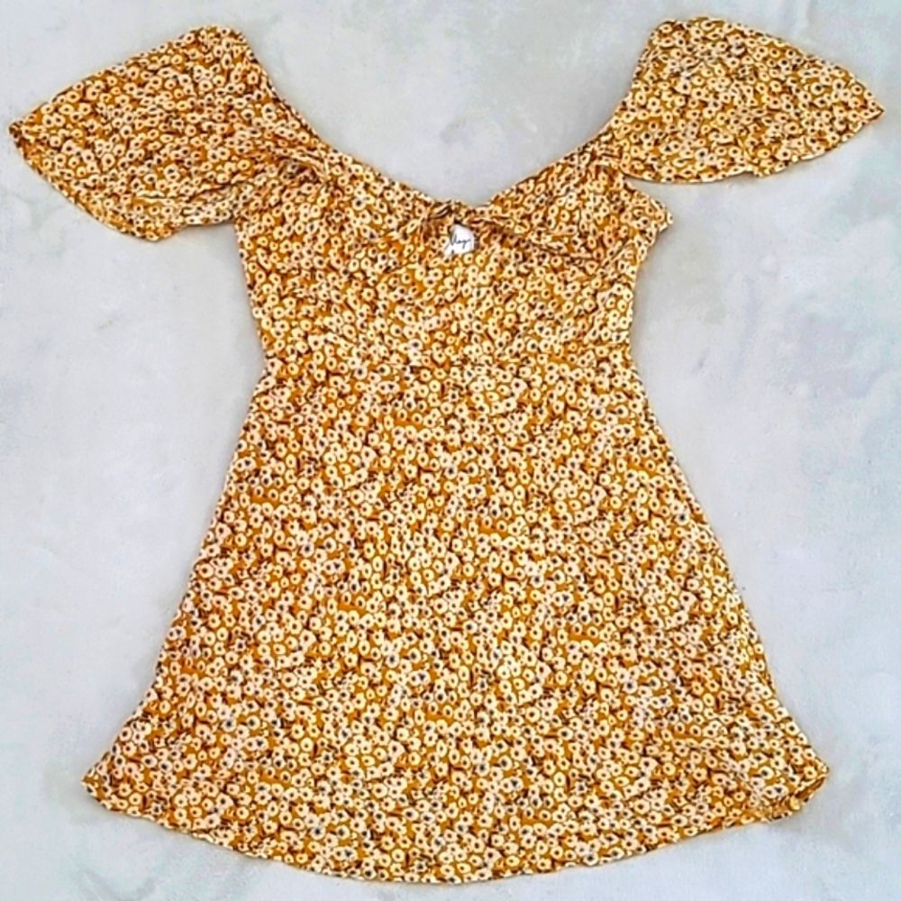 Polly Women's Size 8 Midi Sundress Flutter Sleeve Floral  Dress Front Tie Yellow